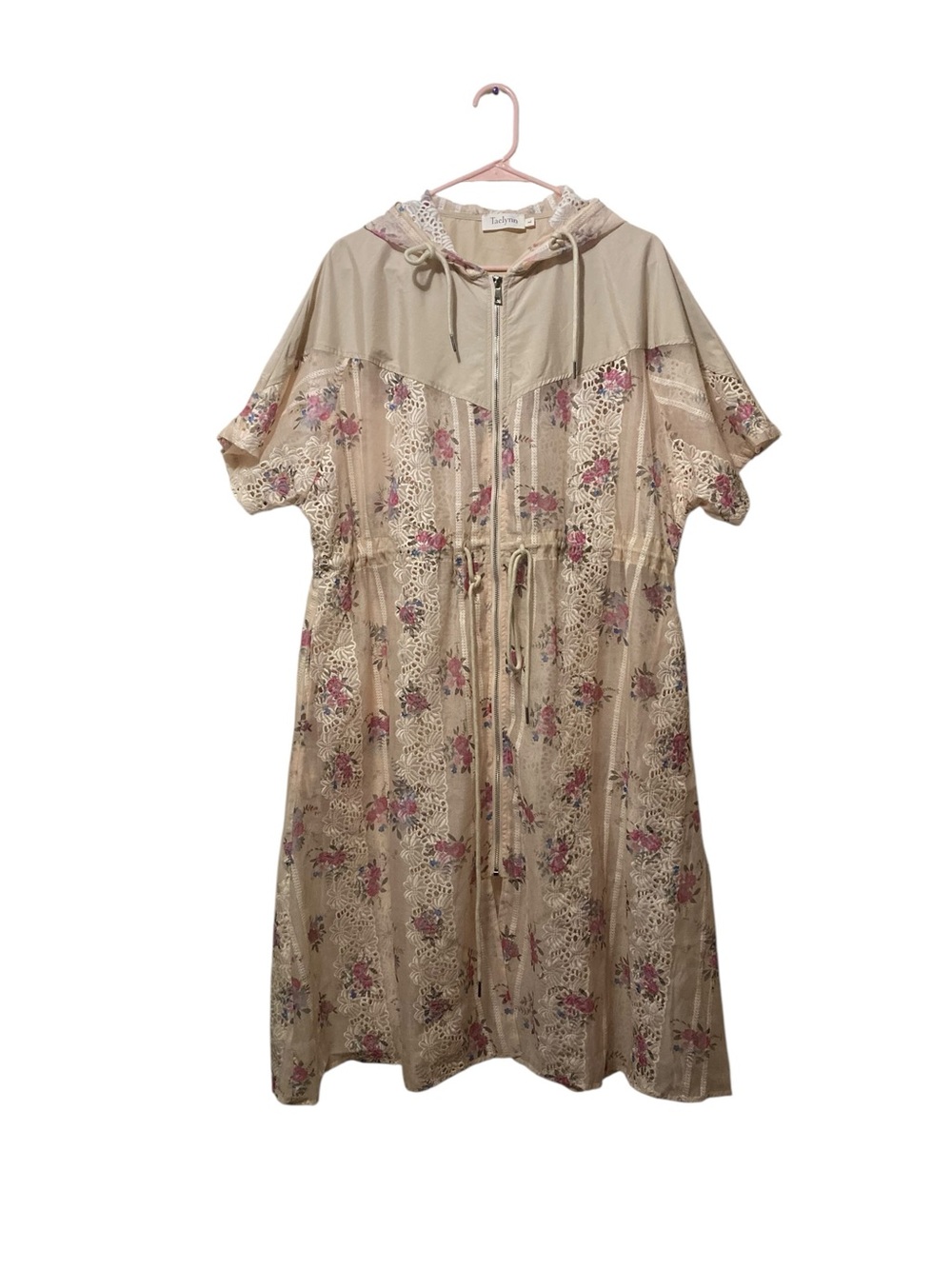 Lightweight Floral Midi Jacket Coat with Drawstring Hood in Beige